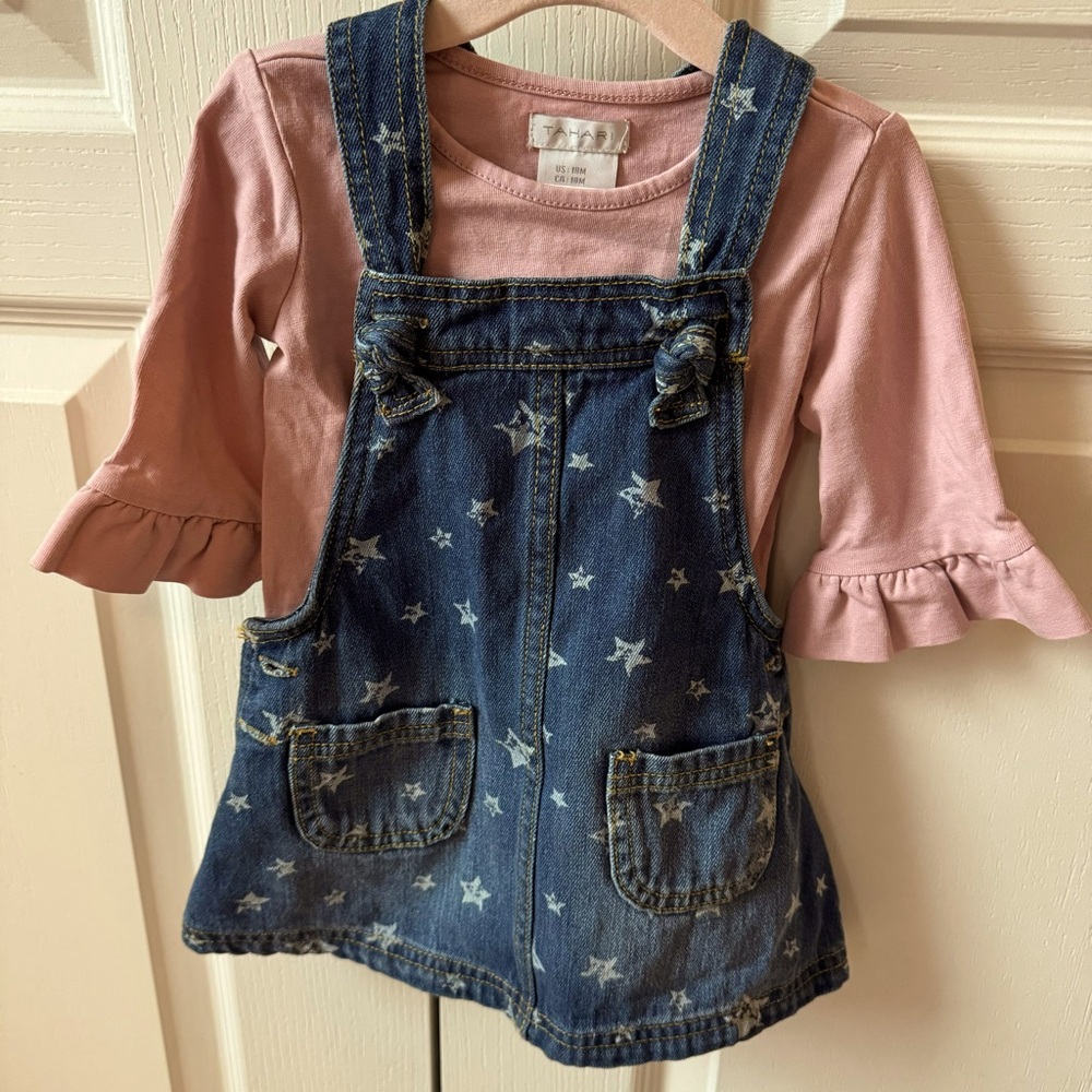 Tahari Baby Jean Jumper Dress with 3/4 length light pink shirt - Size 18 months